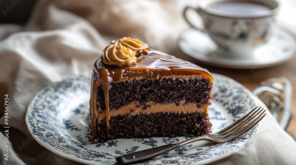 Poster A slice of chocolate cake with rich frosting and a drizzle of caramel, set on a decorative plate with a fork and a cup of coffee.