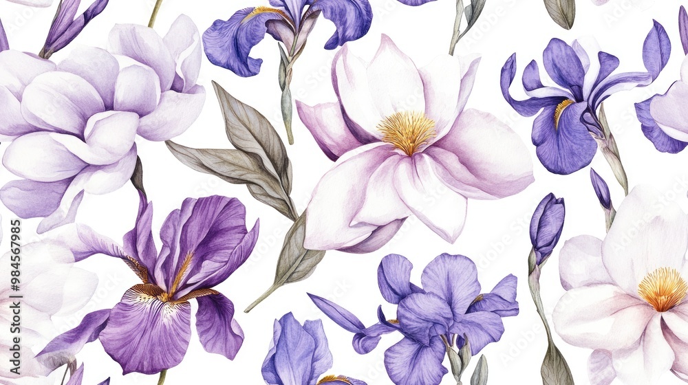 Wall mural Seamless pattern of watercolor magnolia and iris flowers Detailed hand drawn vintage illustration