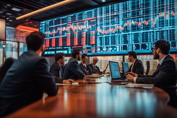 Business professionals analyzing stock market trends in a high-tech conference room during a strategic meeting in the evening