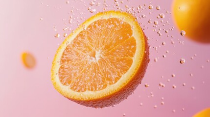 A juicy orange slice falling through the air on a pastel pink background, with droplets of juice suspended.