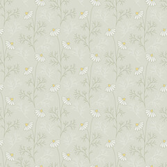 Pastel Green Chamomile floral background. Seamless vector pattern for design and fashion prints. Flowers pattern with small flowers on a light green background. Ditsy style. 
