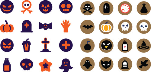 A vibrant collection of Halloween-themed icons featuring pumpkins, ghosts, skulls, bats, witch hats, black cats, spider webs, and candy corns.
