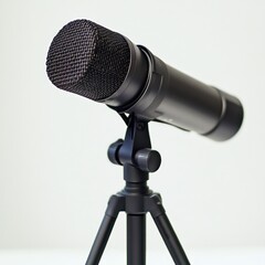 A black microphone on a tripod stand, designed for audio recording or broadcasting.