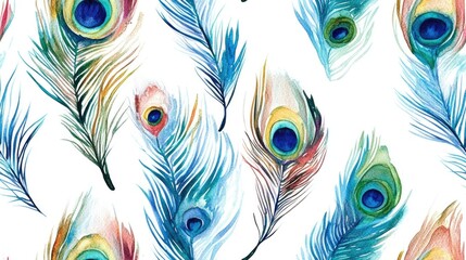 Obraz premium Seamless pattern of watercolor peacock feathers on a white background