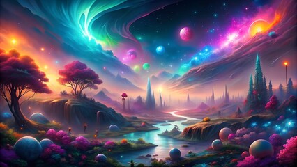 Obraz premium fantastic surreal landscape with unusual trees in the mountains and colorful cloudy sky