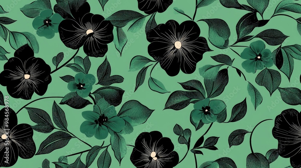 Wall mural Floral pattern in green and black ideal for fashion wallpaper and home decor designs A versatile and stylish element for various projects