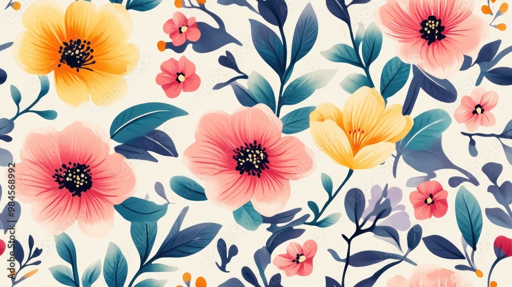 Wall mural Vibrant floral seamless pattern on light background