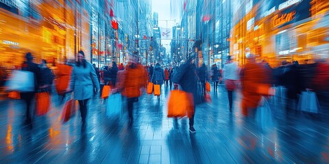 Blurry people with colorful bags rushing to the autumn sales. The concept of discounts, black Friday sales