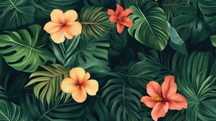 Fototapeta premium Seamless pattern illustration of tropical plants and flowerheads