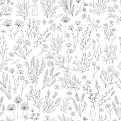 Cute flowers, linear black and white herbal seamless pattern, hand drawn line art 
