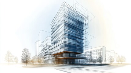 Architectural rendering of a modern building design with transparent elements and trees.
