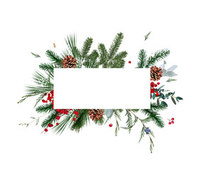 Emerald Christmas greenery, red winter berry, juniper, cedar, emerald pine, spruce vector design frame. Winter chic wedding or new year party invitation card. Watercolor style. Isolated and editable