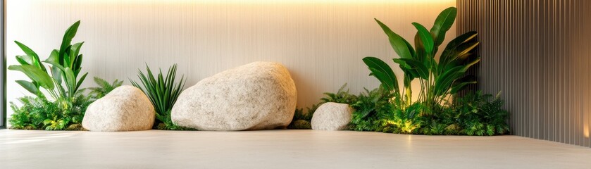 Fototapeta premium Serene indoor garden featuring rocks and lush greenery, perfect for adding a touch of nature to modern spaces.