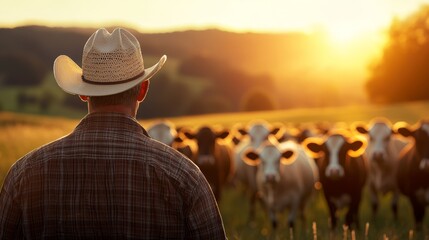 A farmer stands with his back to the camera, gazing at a herd of cattle in a peaceful sunlit field.