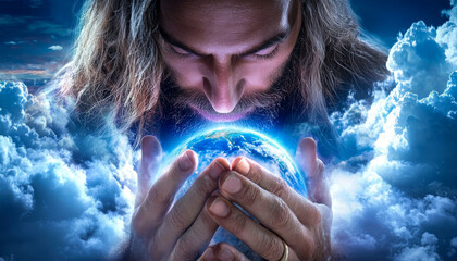 A glowing image of Jesus with hands folded in prayer over the Earth, surrounded by soft, radiant clouds.