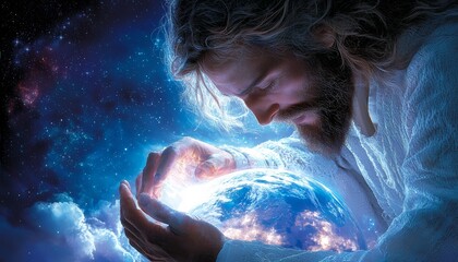 A glowing image of Jesus with hands folded in prayer over the Earth, surrounded by soft, radiant clouds.