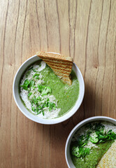 broccoli puree soup with cream and pesto