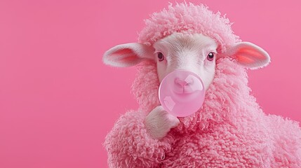 Fototapeta premium A quirky lamb decked out in pink accessories, with a perfectly round bubblegum bubble, standing against a vibrant pink backdrop.