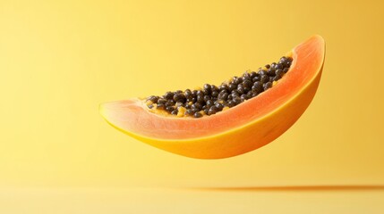 Papaya slice mid-air, bright orange against a pastel yellow backdrop, seeds visible.