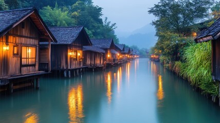 Fototapeta premium Tranquil river view at twilight with wooden houses lined along the peaceful water, surrounded by lush greenery and soft lights.