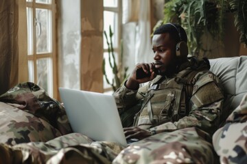 Fototapeta premium A person sitting on a couch with a laptop computer, possibly working or studying