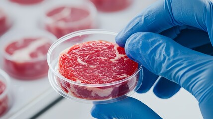 A scientist examines a petri dish of lab-grown meat under sterile conditions, symbolizing future food innovation.