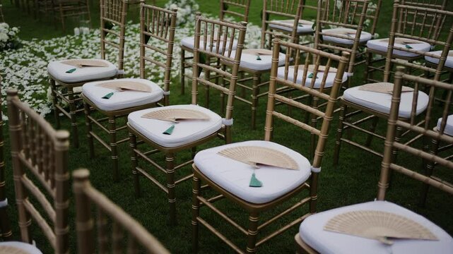Wedding set up and wedding ceremony decoration chairs at the wedding ceremony  Woods chair's concept. wedding event patterns island 