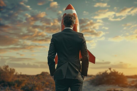 A businessman stands in front of a rocket, possibly preparing for a space-themed meeting or event - Powered by Adobe