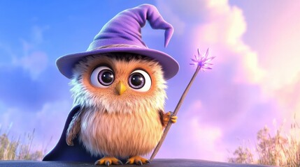 Fototapeta premium Cute Magical Owl in a Purple Hat Holds Wand