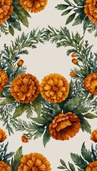 Marigold wreath with a decorative floral border in watercolor.