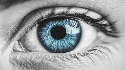 Close-up of a striking blue eye, showcasing intricate details of the iris and eyelashes against a monochrome background.