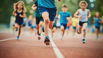 Close-up of children running during a sports event, focus on feet with blurred stadium background