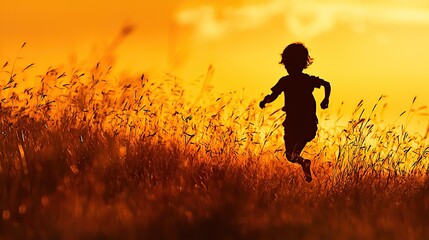 Silhouette of a child running through a field at sunset.