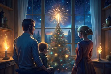 Fototapeta premium happy family, man, woman and little boy, near the Christmas tree