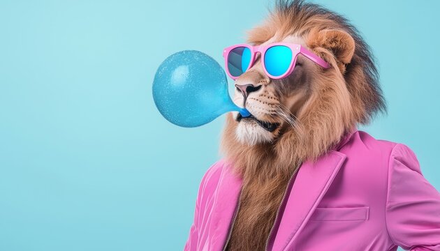 A trendy lion wearing pink sunglasses and a matching jacket, with a blue bubblegum bubble capturing its playful side.