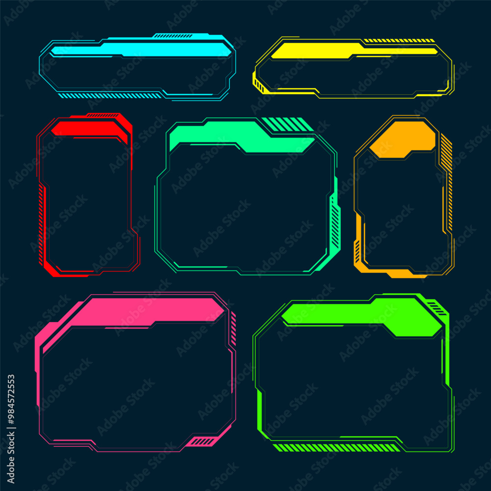 Poster Futuristic HUD or UI elements. Sci-fi user interface text boxes, callouts. Colorful warning message frame, information boxes template. Modern game interface layout, digital style. Vector illustration