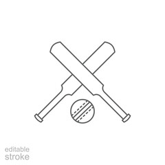 Cricket bat ball icon icon. Simple outline style. Crossed cricket bats with ball, accessories, wood, wicket, baseball, sport concept. Thin line symbol. Vector illustration isolated. Editable stroke.