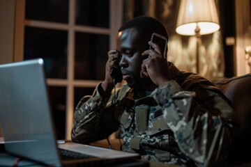 A soldier taking a break from military duties, using a laptop and cell phone