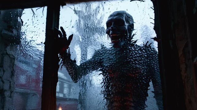 Halloween zombie through the frosted glass of an abandoned window