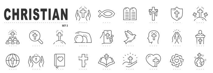 Set of christian related line icon set. Cross, bible, christmas, easter, dove etc. Editable stroke