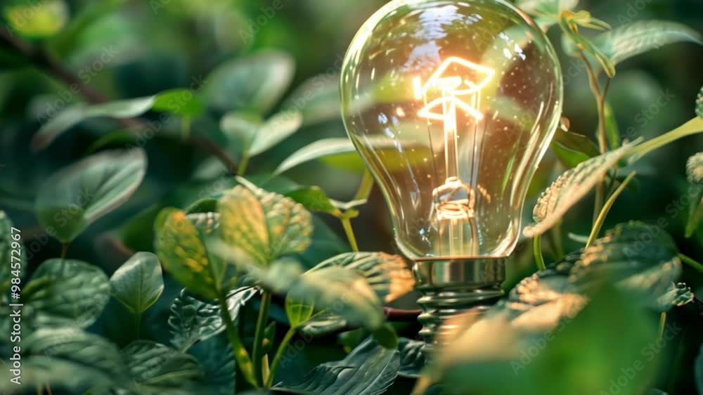 Poster A glowing light bulb is nestled among lush green leaves, creating a harmonious balance between artificial light and nature in a tranquil garden environment.