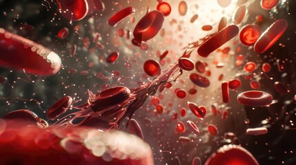 Fototapeta premium A close-up view of red blood cells suspended in mid-air, highlighting their shape and movement
