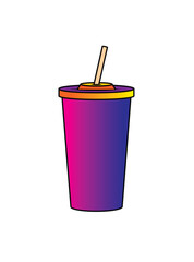 Fast food plastic cup with straw. Hot or cold drink. Original vector illustration in vintage style.
