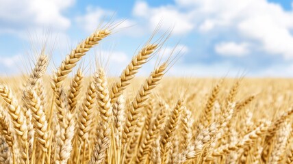 Fototapeta premium Golden wheat field under a bright blue sky with fluffy clouds, showcasing nature's beauty and agricultural abundance.