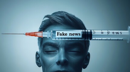 a syringe with the inscription "fake news" near the man's head, the harmfulness of fake news