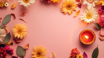 Obraz premium Diwali Lights with oil lamp decorated with copy space for Happy Diwali background concept.