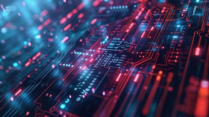 Obraz premium A close-up view of a circuit board featuring red and blue lights