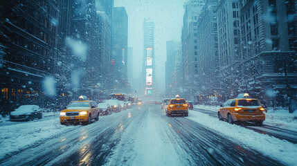 Obraz premium Yellow taxis maneuver through a snow-covered street, where heavy snowfall creates a winter wonderland during the afternoon