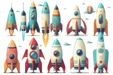 A collection of colorful rockets on a clean white background, ready for use in various design and marketing projects