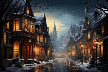 Panorama of a festive Christmas city at night with a Christmas tree, decorations and lights